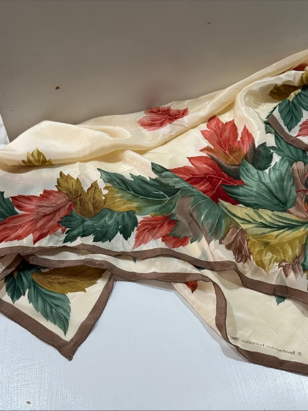 Smithsonian 1990 Silk-Cream Floral Autumn Leaf Scarf Brown Border New never used